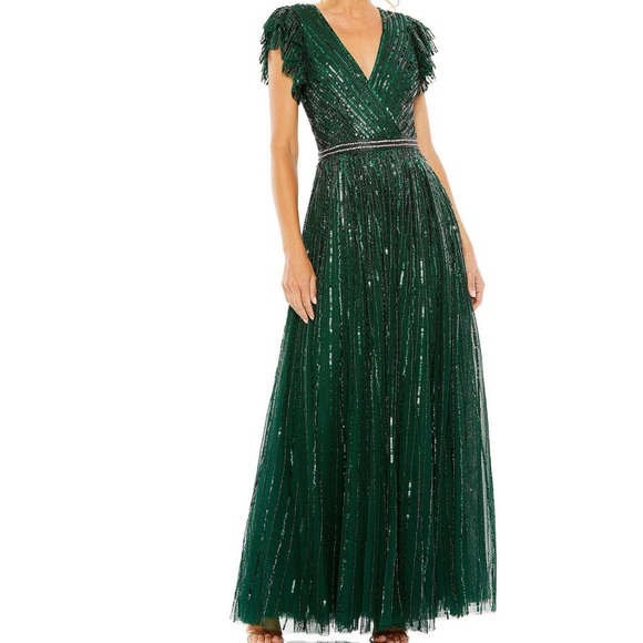 Mac Duggal Women Sequin Wrap Gown with added sleeves and material by cleavage - Picture 3 of 6